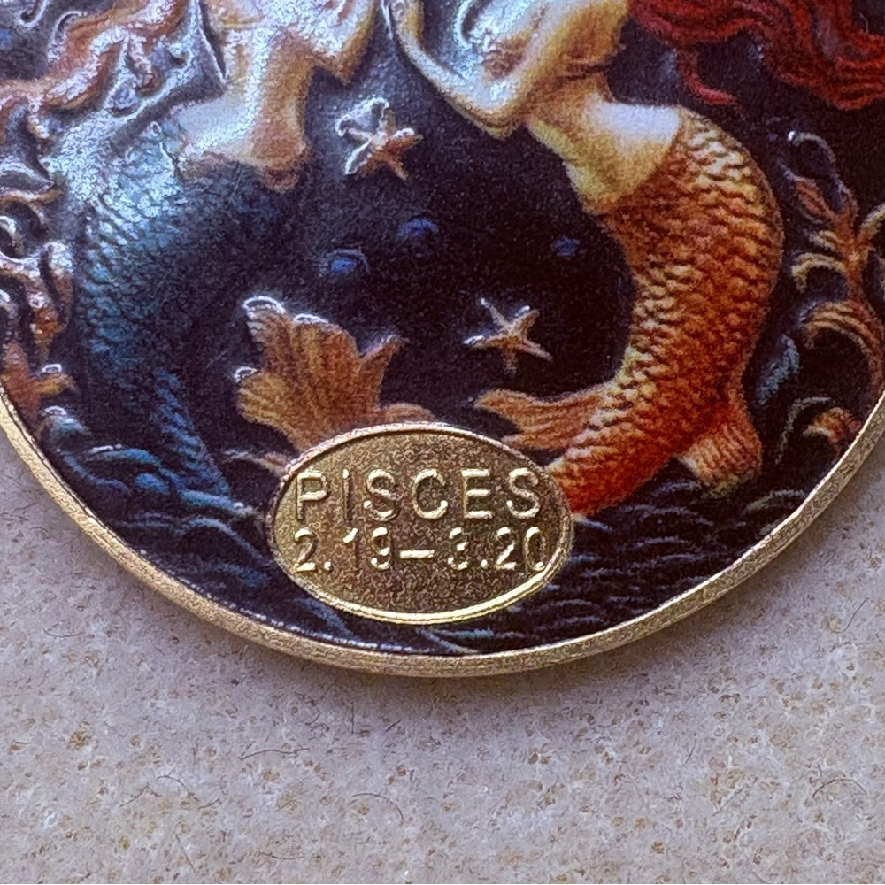 Artisan Handmade Gold Blue Pisces Mermaid Zodiac Coin Reversible Necklace Set - Picture 12 of 13